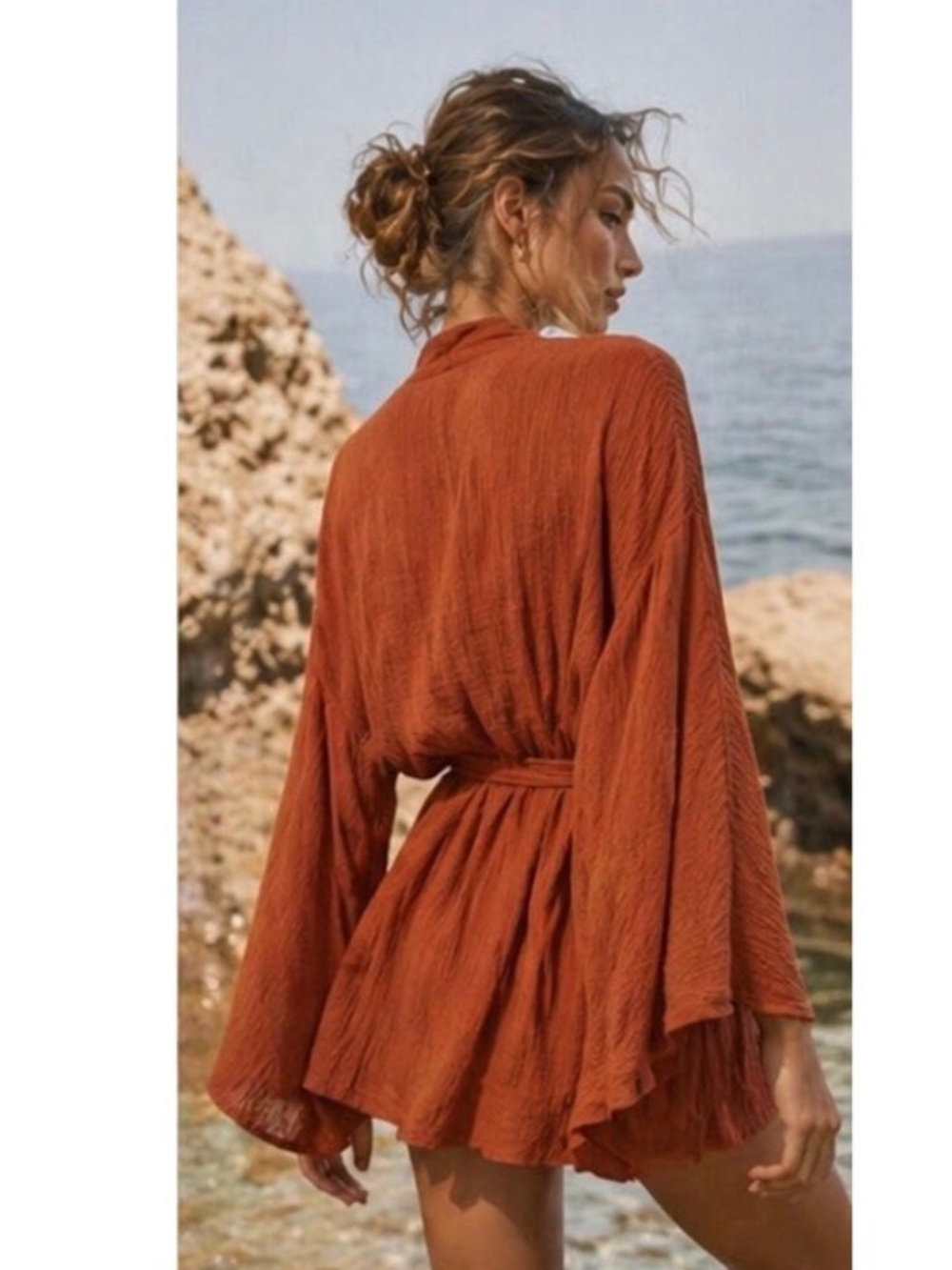 Savannah Morrow Rumba Mini Robe kimono In Papaya Rust Medium - Picture 4 of 9